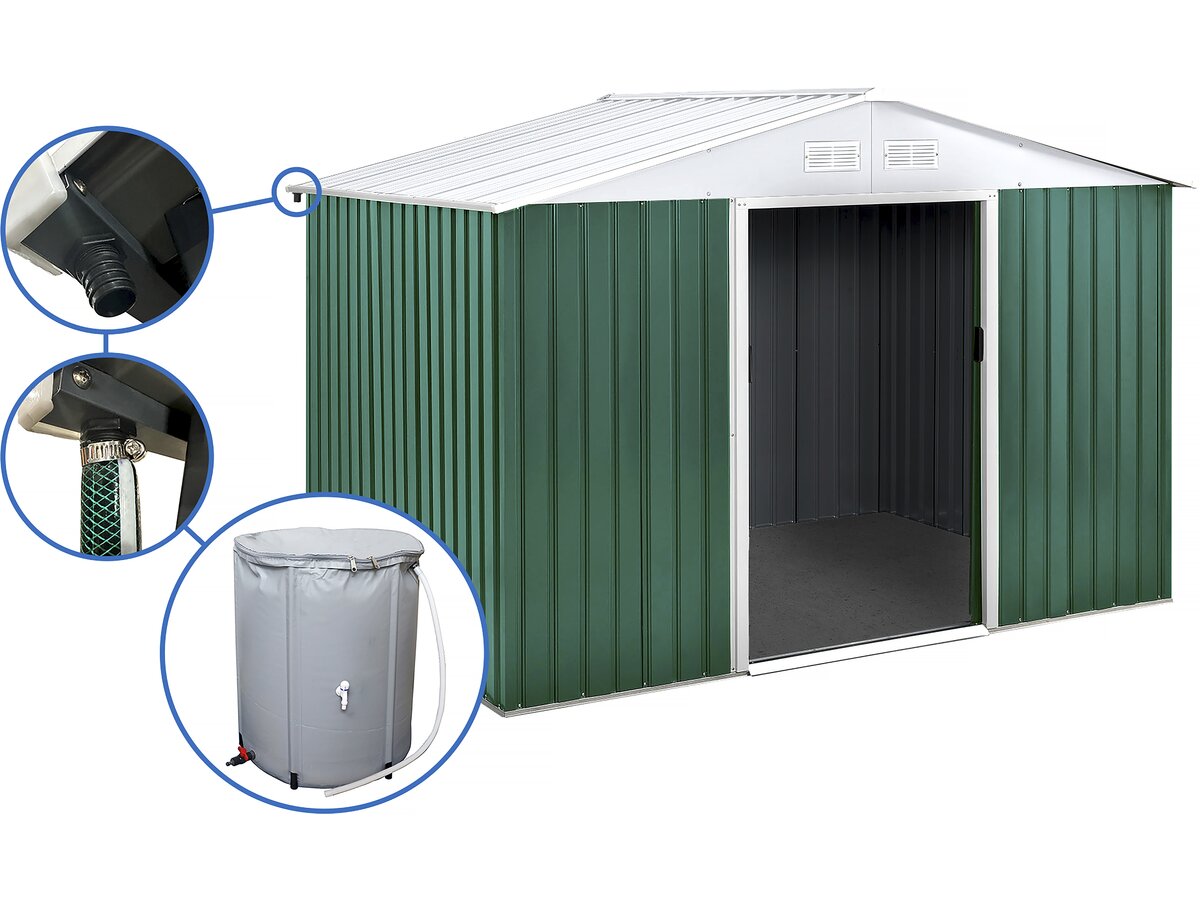 Capanno da giardino in metallo - "Rosas " - 7,06 m² con serbatoio per il recupero dell'acqua e grondaia
