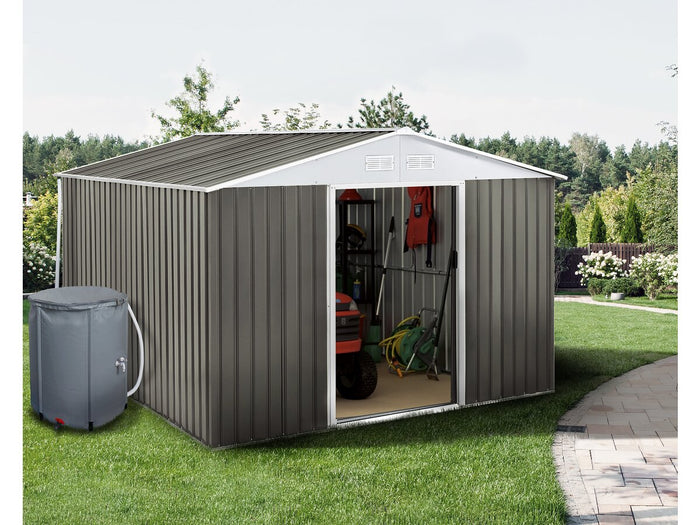 Capanno da giardino in metallo "Dallas" - 15,16 m² con grondaia e serbatoio per il recupero dell'acqua