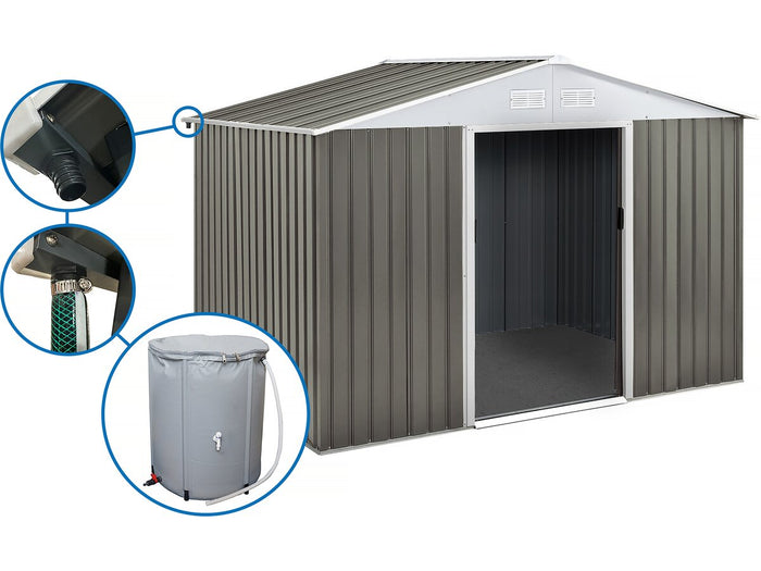 Capanno da giardino in metallo "Dallas"- 8,84 m² con grondaia e serbatoio per il recupero dell'acqua