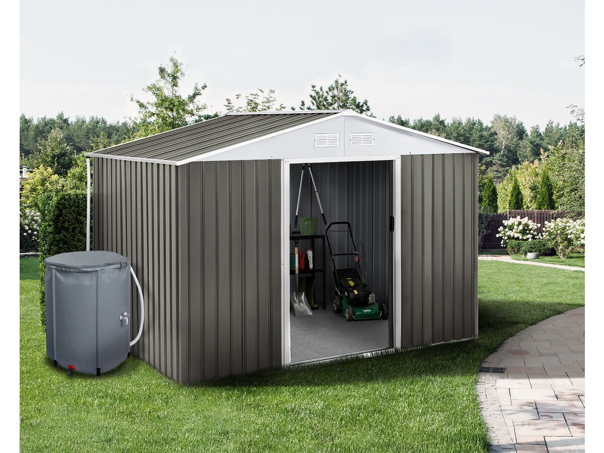 Capanno da giardino in metallo "Dallas"- 8,84 m² con grondaia e serbatoio per il recupero dell'acqua