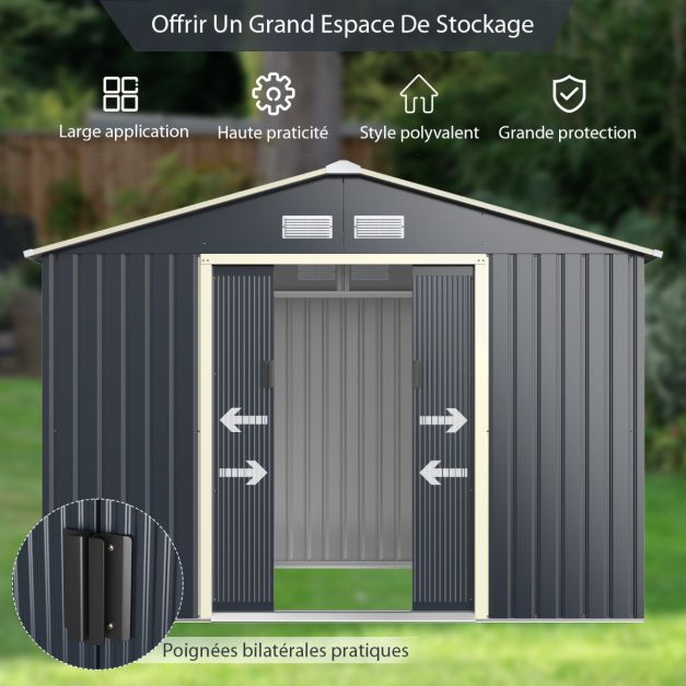 Capanno da giardino in metallo 5,29㎡ 277 x 191 x 202 cm con 2 porte scorrevoli con serratura 4 fori di ventilazione per bicicletta Grigio 20_0007629