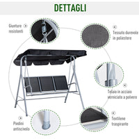 Dondolo 3 Posti da Giardino 170x110x153 cm in Acciaio Nero e Argento