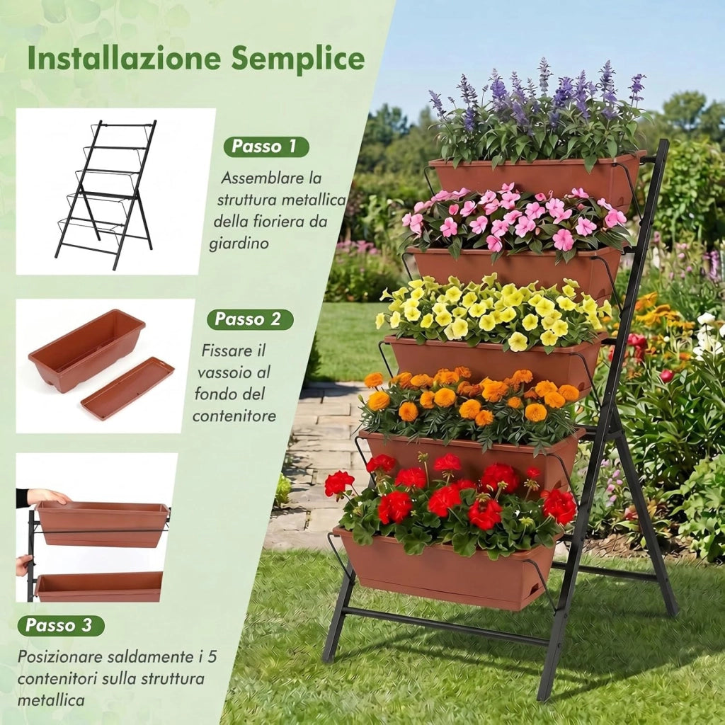 Fioriera Verticale a 5 Livelli, Orto Rialzato a Scaletta da Interno e Esterno, Scaffale Porta Piante Salvaspazio in Metallo con Fori di Drenaggio e 5 Sottovasi Rimovibili (Terracotta)