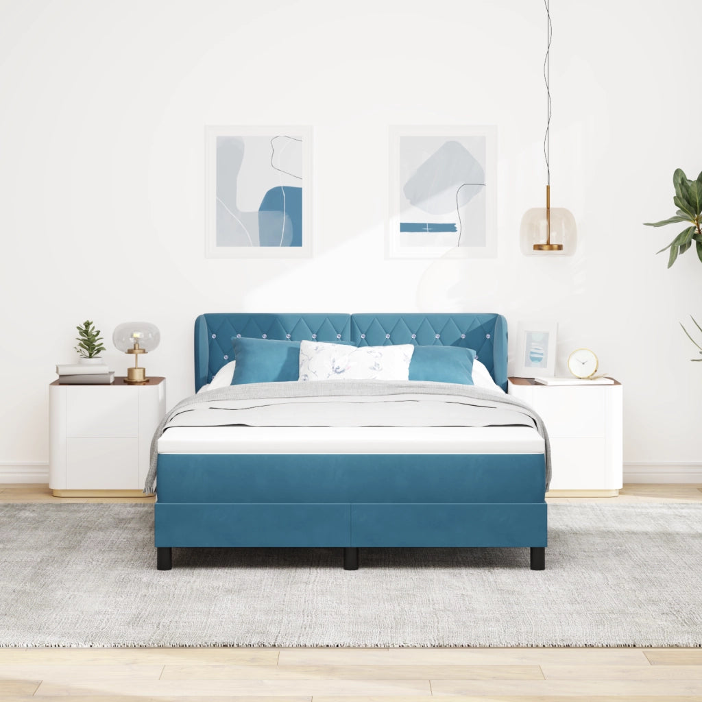 Letto box spring con materasso blu scuro, 140x190 cm, velluto
