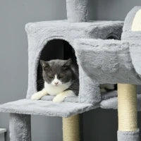 Albero per Gatti con Amaca, Lettino e 2 Casette, in Truciolato e Peluche, 55x49x177 cm, Grigio e Bianco