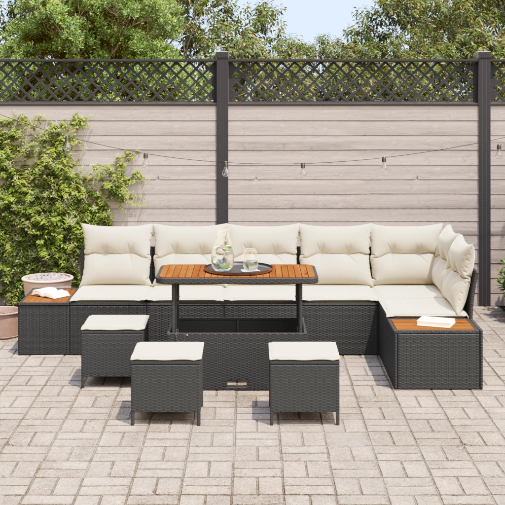 Set di divani da giardino  da 10 pezzi con cuscini in polyrattan nero e acacia