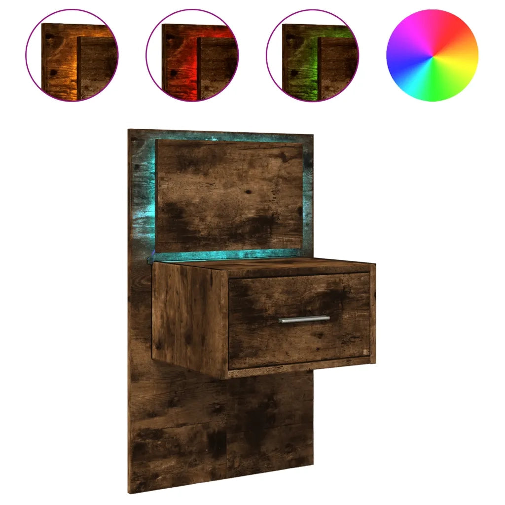 Comodino | Armadio da Notte | Mobiletto da notte a Parete con luci LED Rovere Fumo