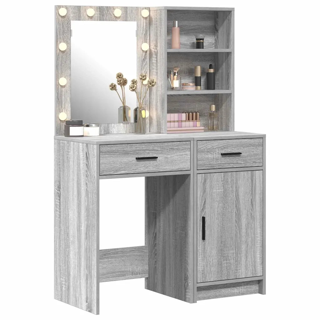 Set da Toeletta | Tavolo da Trucco con LED con porta 2 pz Grigio Sonoma