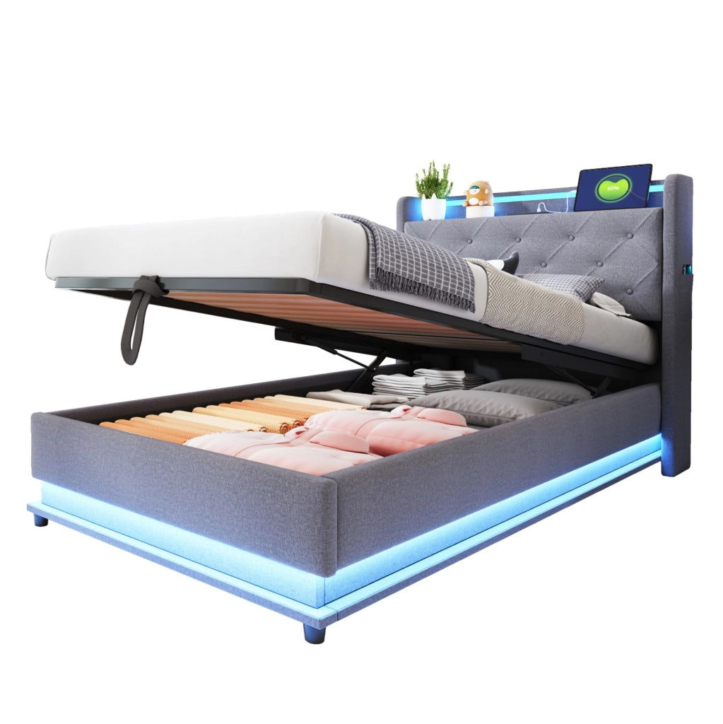 Letto imbottito 90x200 cm con LED e USB; contenitore idraulico; tessuto in lino; grigio