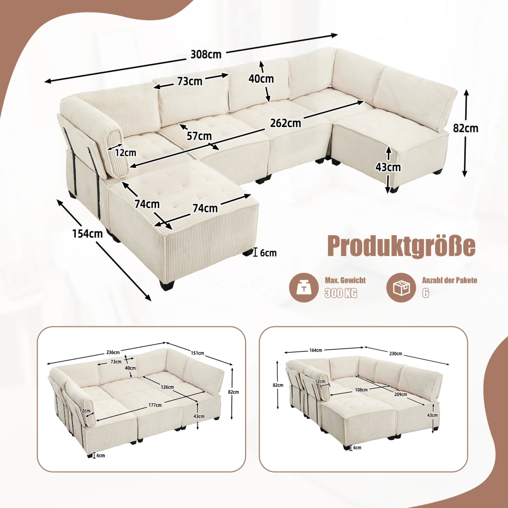 Divano Modulare 6 Posti con Tasche Laterali; Schienale Ergonomico; Velluto a Coste Beige; 308 × 154 × 81;99 cm