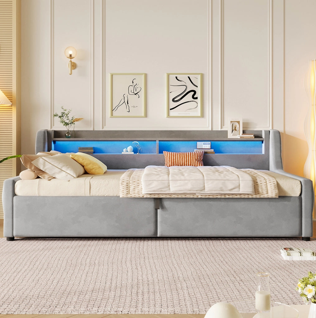 Letto imbottito 90x200 cm con contenitore e testiera LED grigio