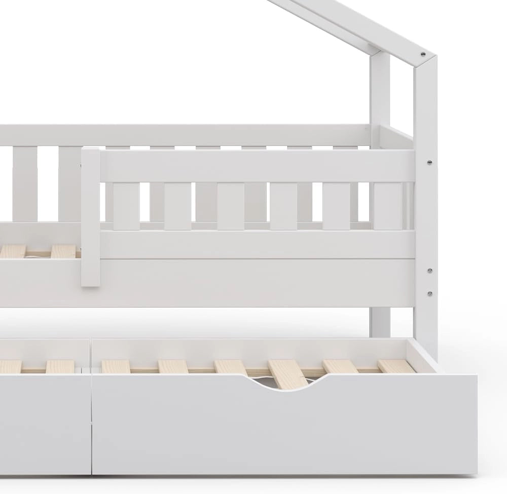 Letto montessori bambini Design, Bianco, 80x160 cm con letto per ospiti, adatto come area giochi e zona notte per bambini