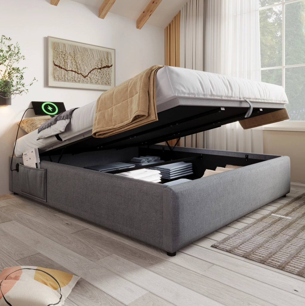 Letto contenitore 160x200 cm con USB e Type-C, grigio