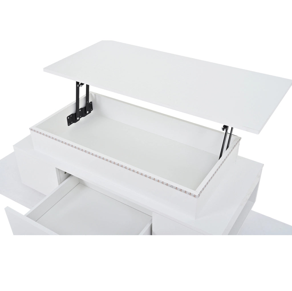 Tavolino da salotto elevabile con vano contenitore, cassetto e luce LED