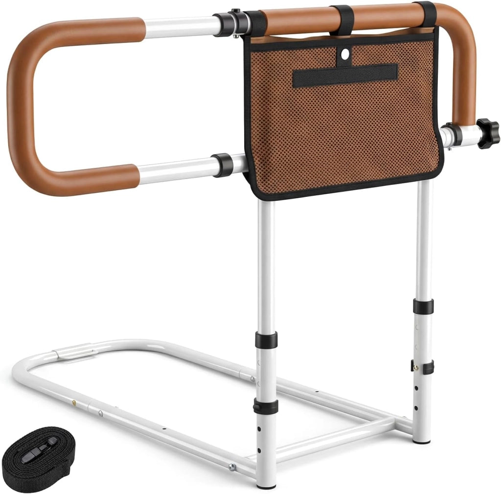 Sponda Letto Anziani Anticaduta, Regolabile, Pieghevole, Adatta Letti Queen, Maniglie Imbottite, Tasca Rimovibile, Base a U, Supporto 136 kg (Marrone)