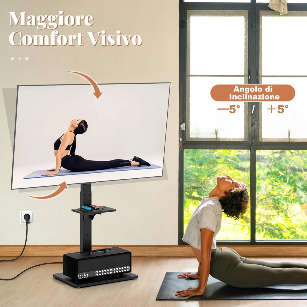 Supporto TV da Pavimento da 32-70 Pollici, Piedistallo TV Regolabile in Altezza e Inclinazione con Presa di Corrente e Ripiano AV, Portata 50 kg, Porta TV per Soggiorno