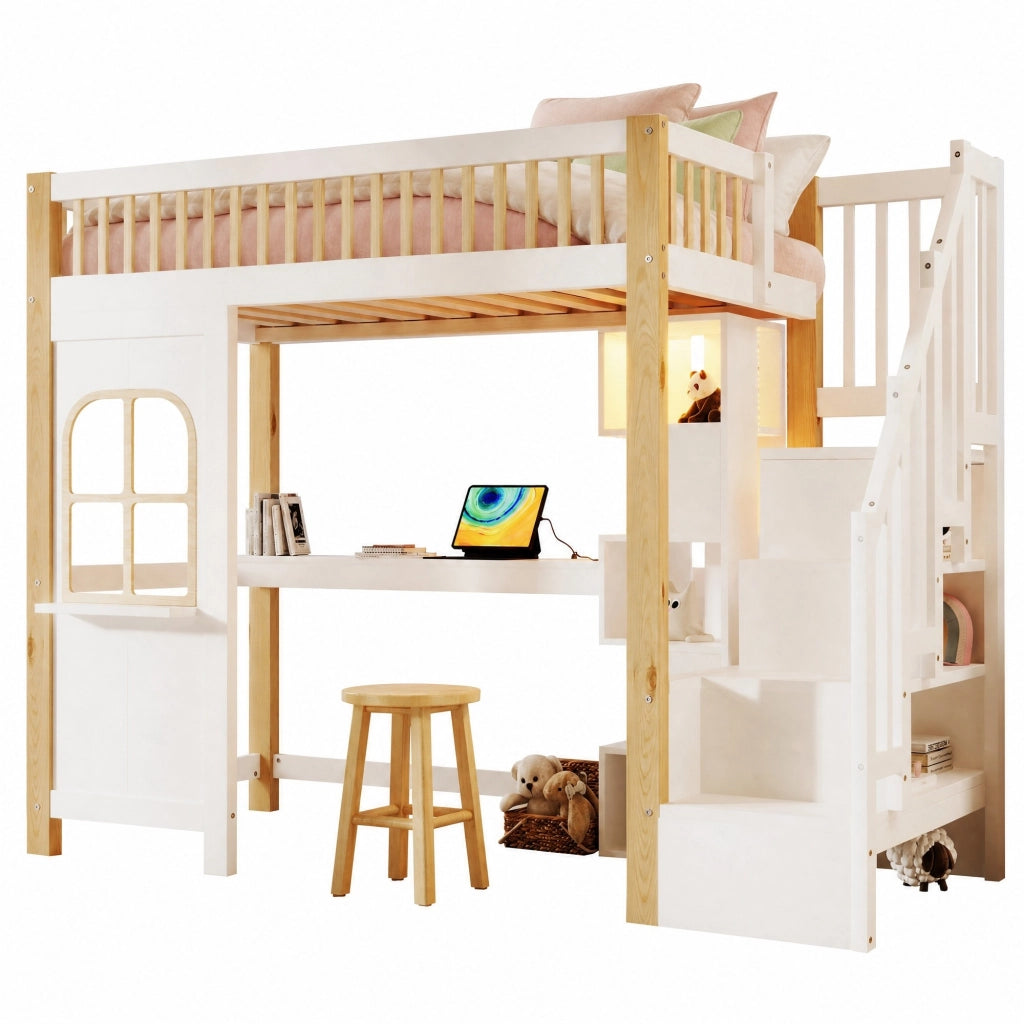 DESMIU Letto a Soppalco 1 Posto con LED, Scrivania, Scala Contenitore e Ripiani 90 × 200 cm, Senza Materasso
