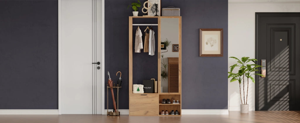 Mobile Ingresso con Specchio Guardaroba in Legno Naturale 100 cm