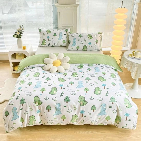 Coperta da letto, 135 x 200 cm, per bambini, verde, cartoon, dinosauro, coperta da letto reversibile, con cuscini 80 x 80 cm e tema animali.