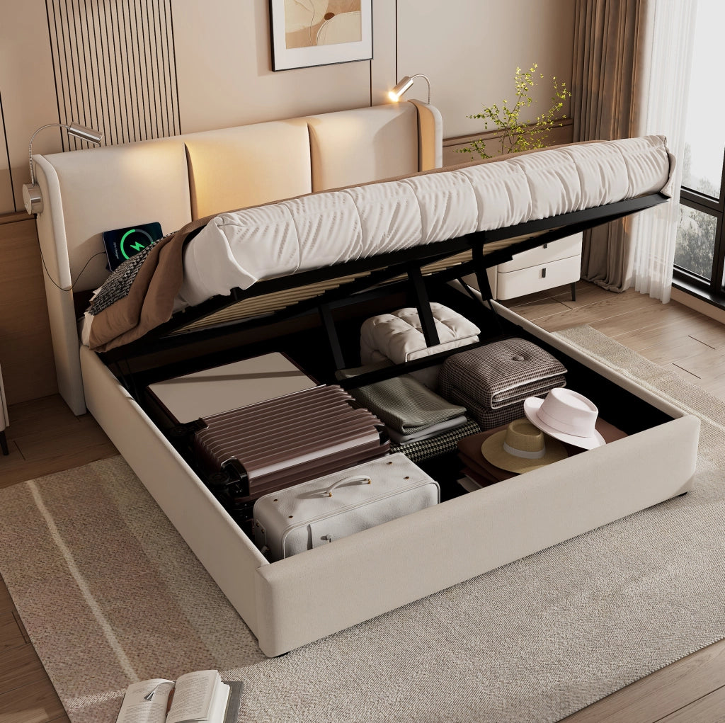 Letto matrimoniale imbottito 140x200 cm con contenitore; luce da lettura e USB; beige in lino