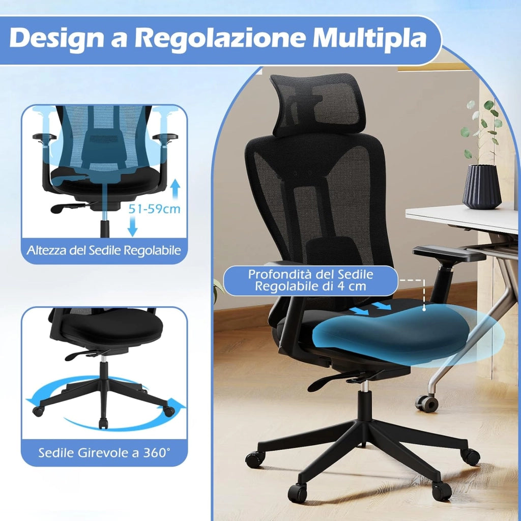 Sedia Ergonomica da Ufficio in Rete con Supporto Lombare Regolabile, Poggiatesta e Braccioli, Schienale Inclinabile, Sedia da Scrivania Girevole Regolabile in Altezza, Portata 150 kg