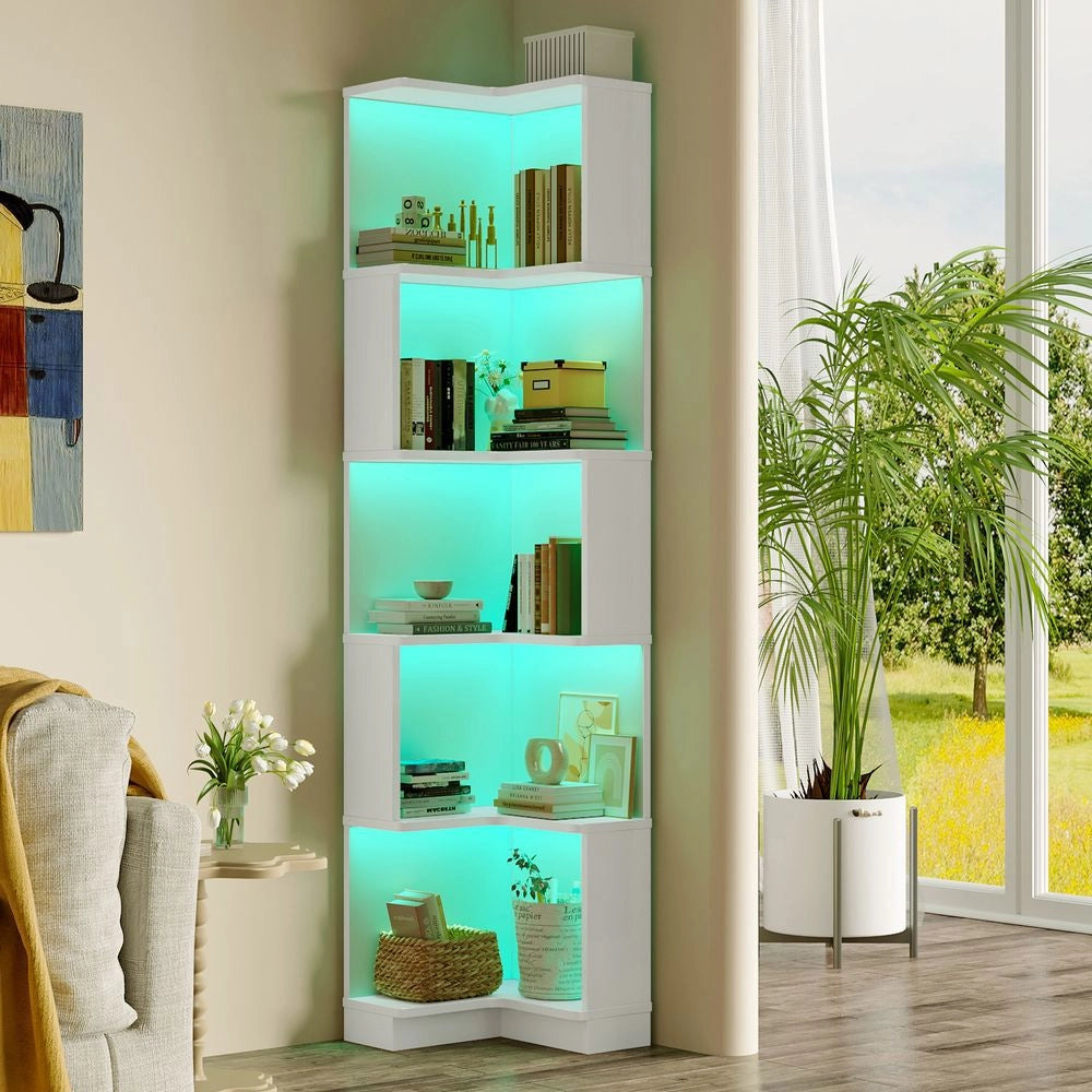 Biblioteca angolare con luce LED - Xylo - 63,5x45x175 cm - Bianco - Cambio colore, controllo app, 5 livelli