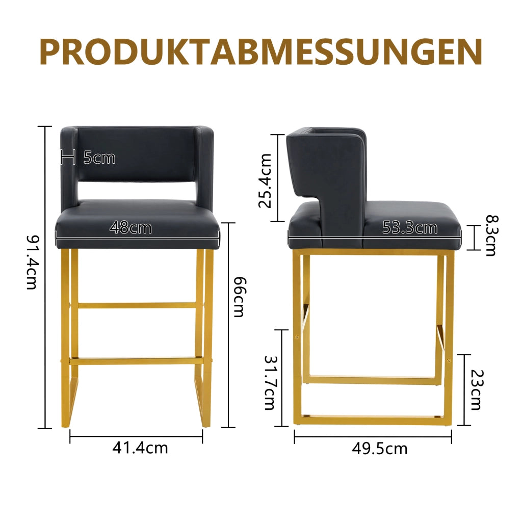 Set di 2 Sgabelli da Bar; Design Nordico con Seduta Quadrata Imbottita e Gambe Geometriche; Metallo e PU; Nero e Oro