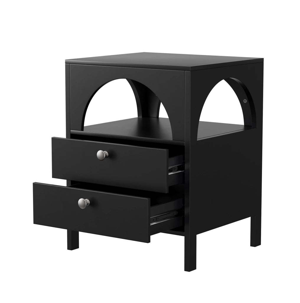 Comodino nero moderno con 2 cassetti e 1 vano aperto, 45 x 40 x 58 cm