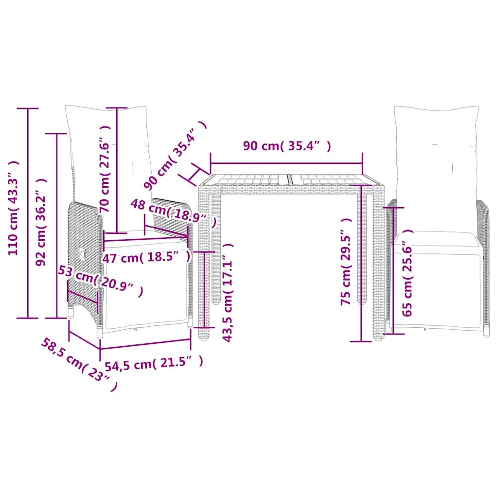 vidaXL Set Bistrò da Giardino 3 pz con Cuscini in Polyrattan Grigio