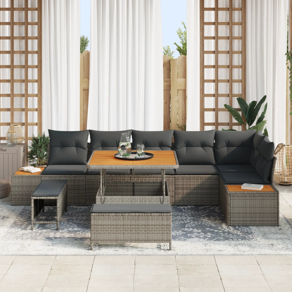 Set Giardino  9 Pezzi con Cuscini Grigio Rattan Polirene Acacia