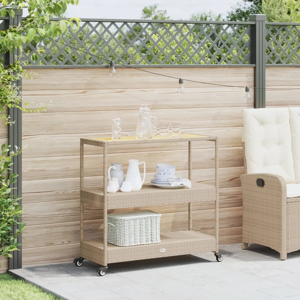 Carrello da Bar 3 Livelli Beige in Polyrattan e Massello Acacia 368725