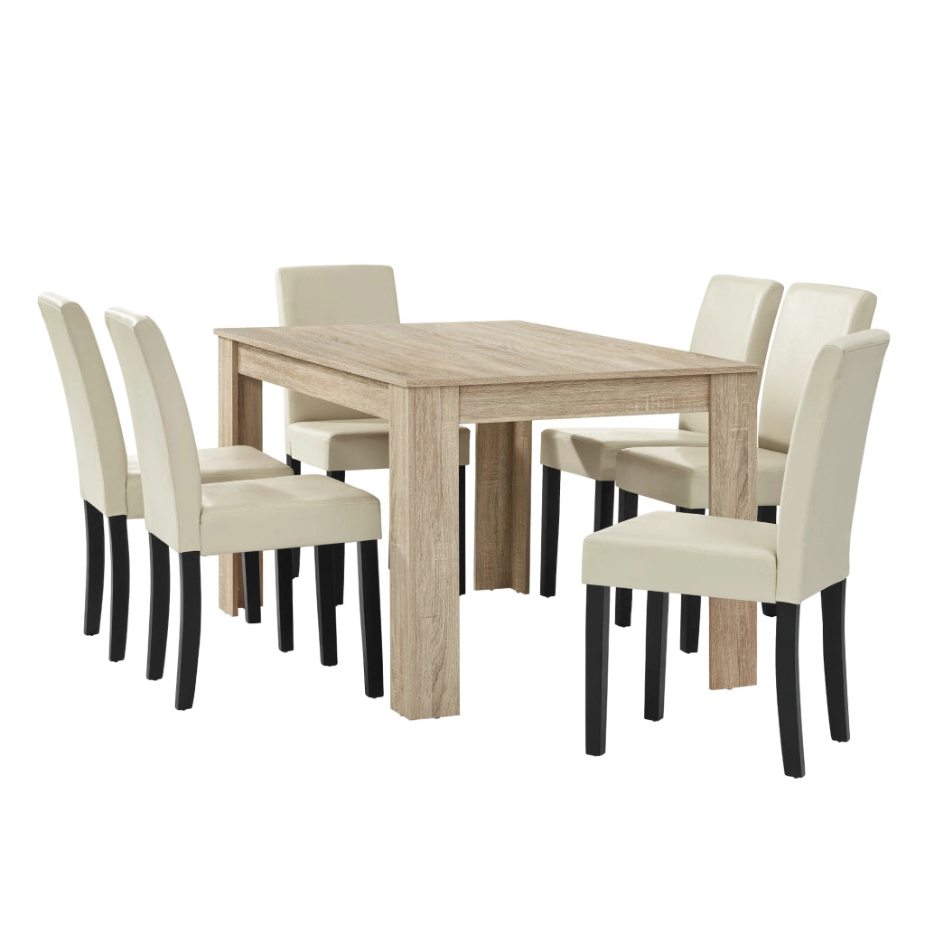 Set Pranzo con Tavolo 140x90 cm e 6 Sedie in Similpelle - Effetto Rovere Chiaro / color Crema [en.casa]