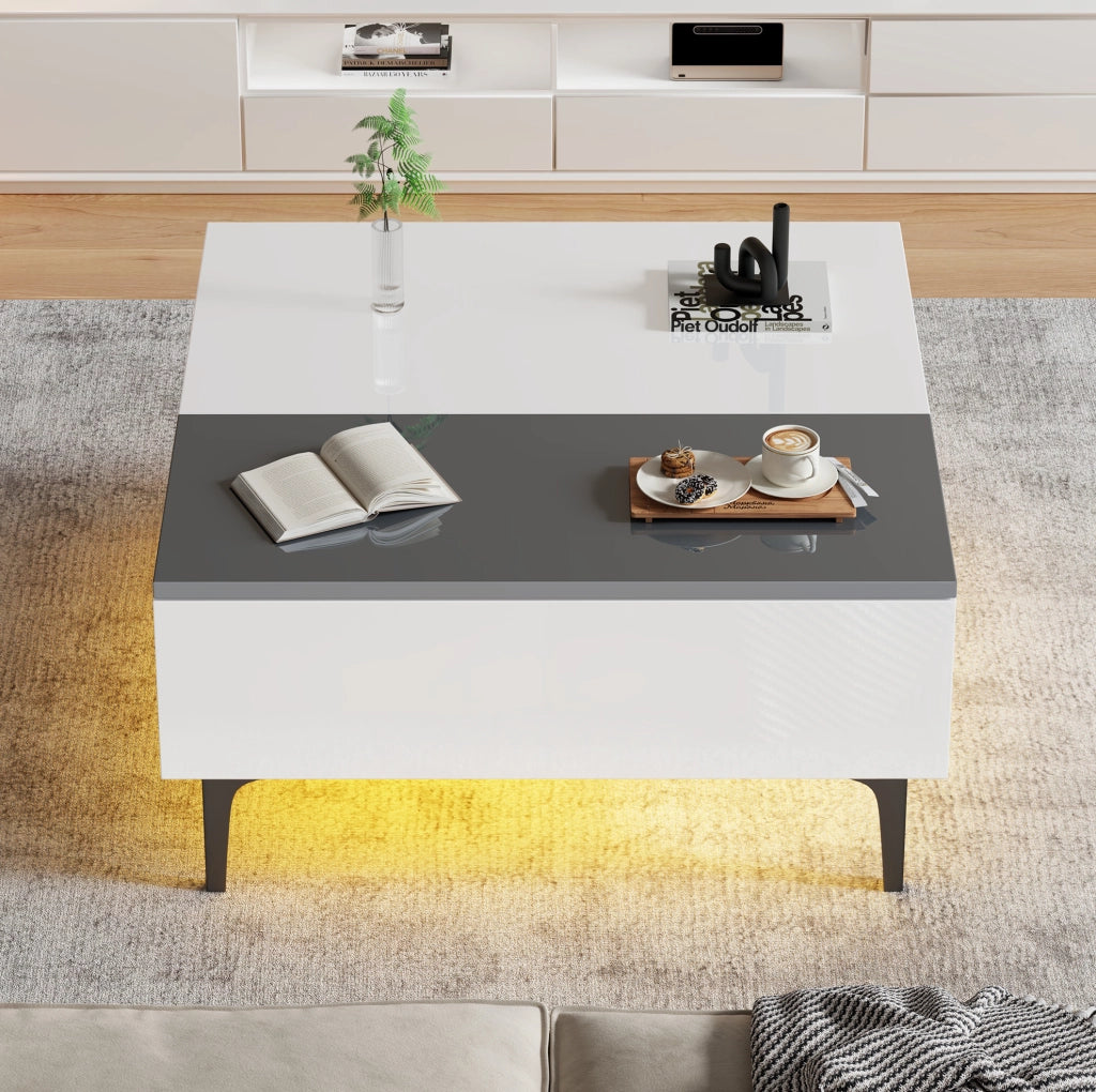 Tavolino multifunzione elevabile con LED, vano contenitore e design moderno