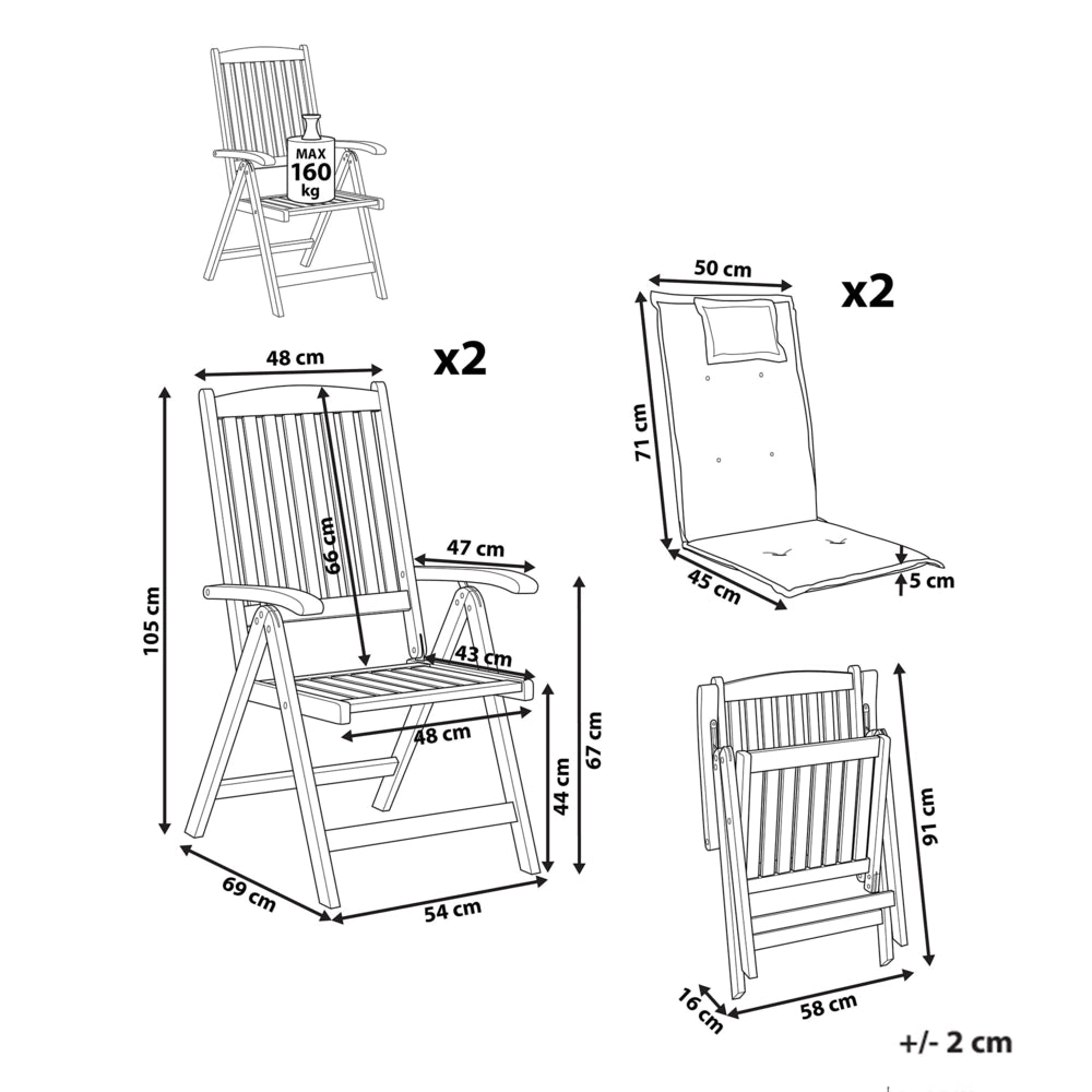 Set di 2 sedie da giardino in legno di acacia chiaro con cuscini bianco sporco, pieghevoli, resistenti ai raggi UV, stile rustico