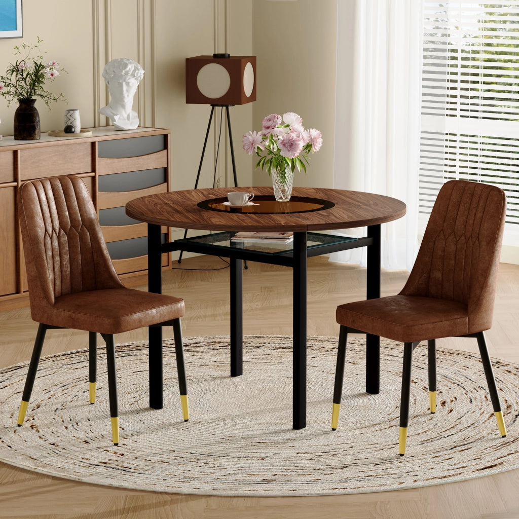 Tavolo da pranzo rotondo per 2-4 persone con ripiano in vetro e 2 sedie imbottite in tessuto marrone nero 100 cm