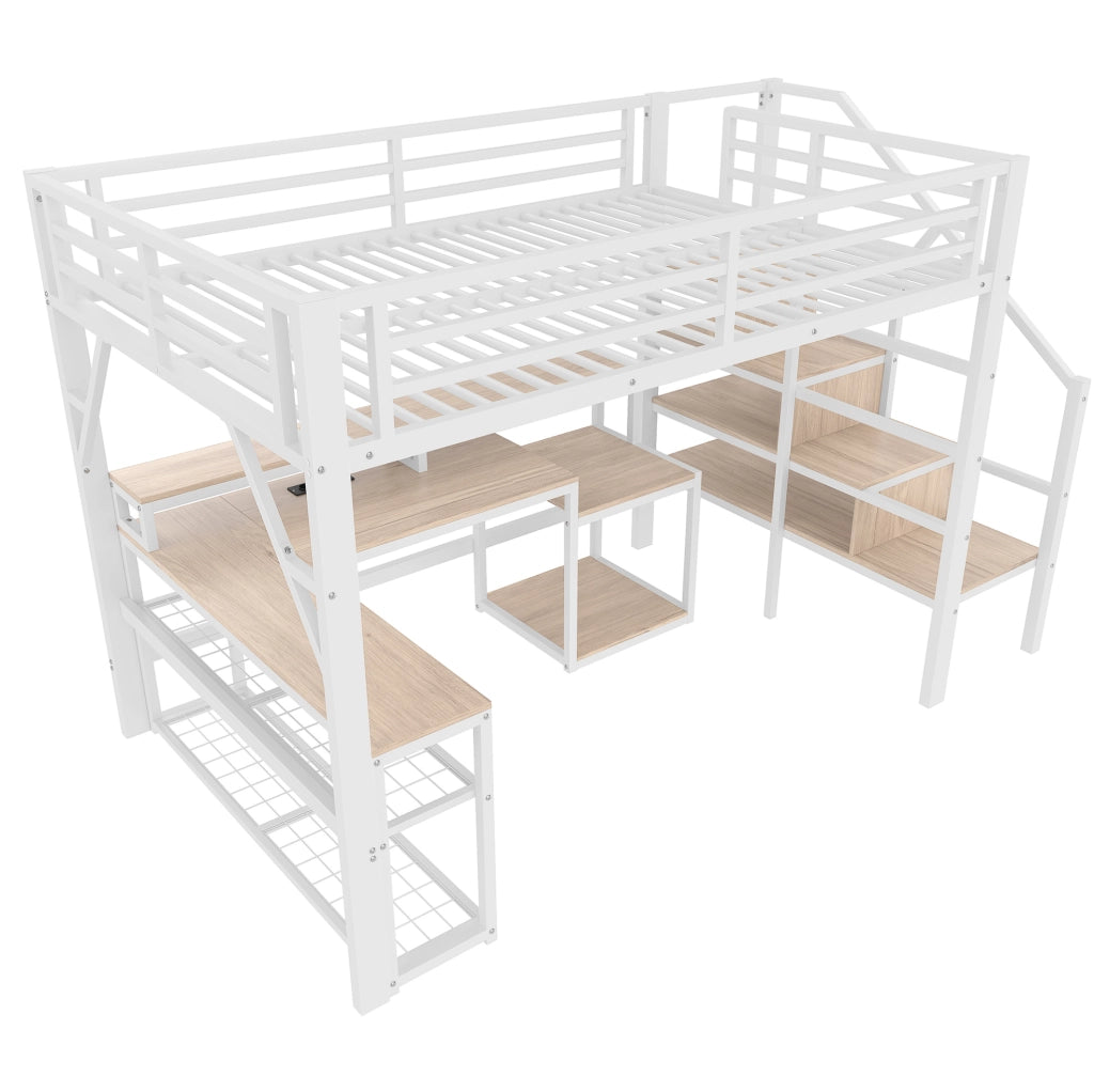 Letto a soppalco 140x200 cm con scrivania; LED e USB in metallo e MDF bianco HOMVRA