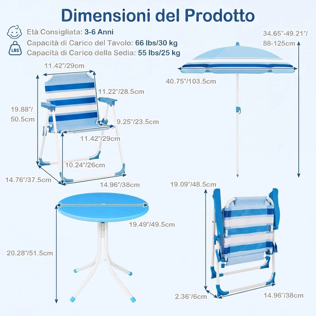 Set Tavolo e Sedie da Giardino per Bambini con Ombrellone (Blu) | Set da Esterno per Bambini 4 Pezzi con Tavolino Rotondo, 2 Sedie Pieghevoli e Ombrellone Regolabile in Altezza per Campeggio