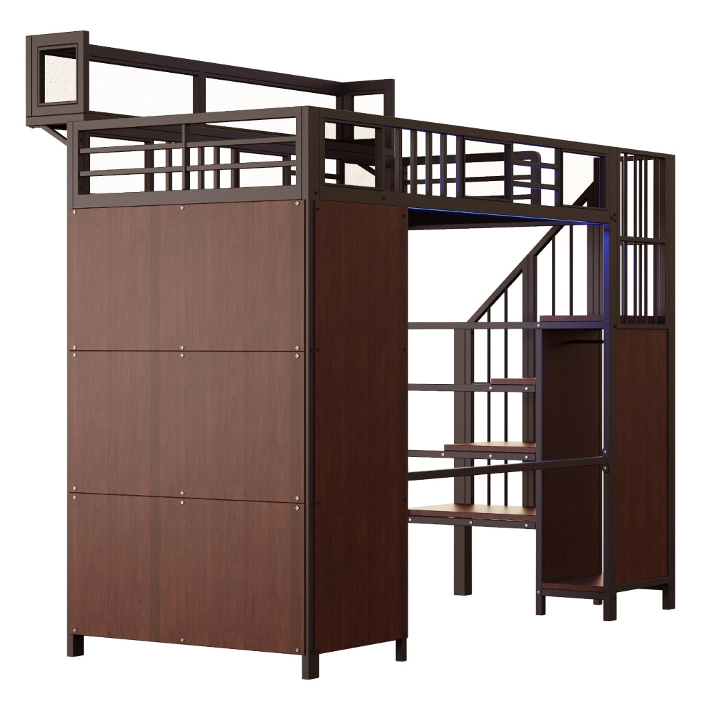 Letto a soppalco singolo 90×200 cm con armadio; scala; LED e ripiani; senza materasso; metallo; nero