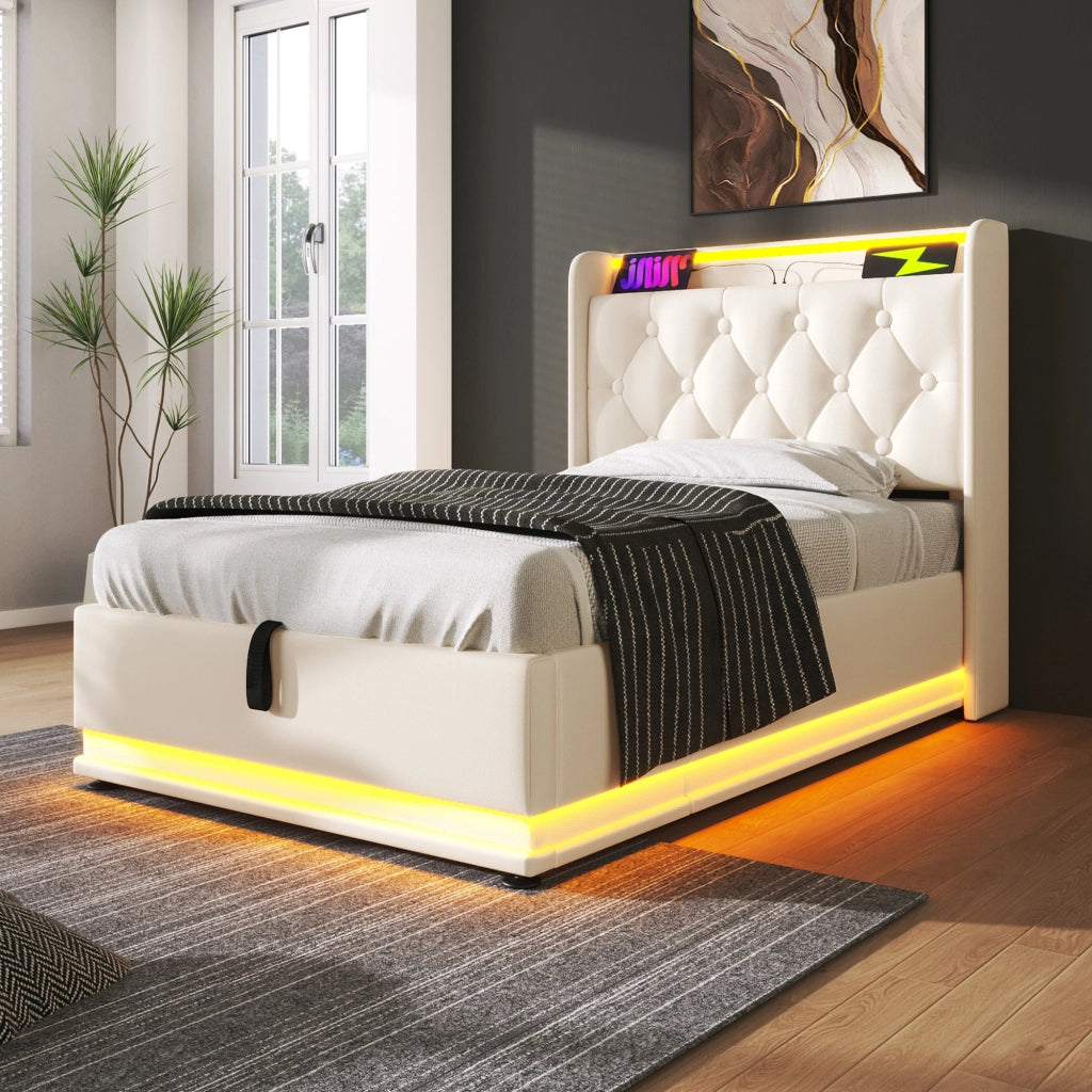 Letto singolo imbottito 90x200 cm in PU bianco con LED 360°, USB e contenitore idraulico