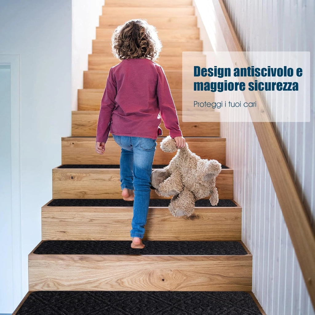 15 Tappetini Antiscivolo per Scale 76 x 20 cm, Tappeti Antiscivolo per Gradini di Scale di Legno da Interno, Tappetini Impermeabili per Scale per Bambini, Anziani e Animali (Grigio)