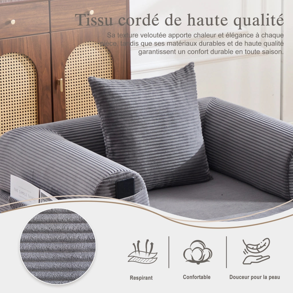 Poltrona con pouf compressa ergonomica con tasca e cuscino in velluto a coste grigio scuro 112 × 190 × 67 cm