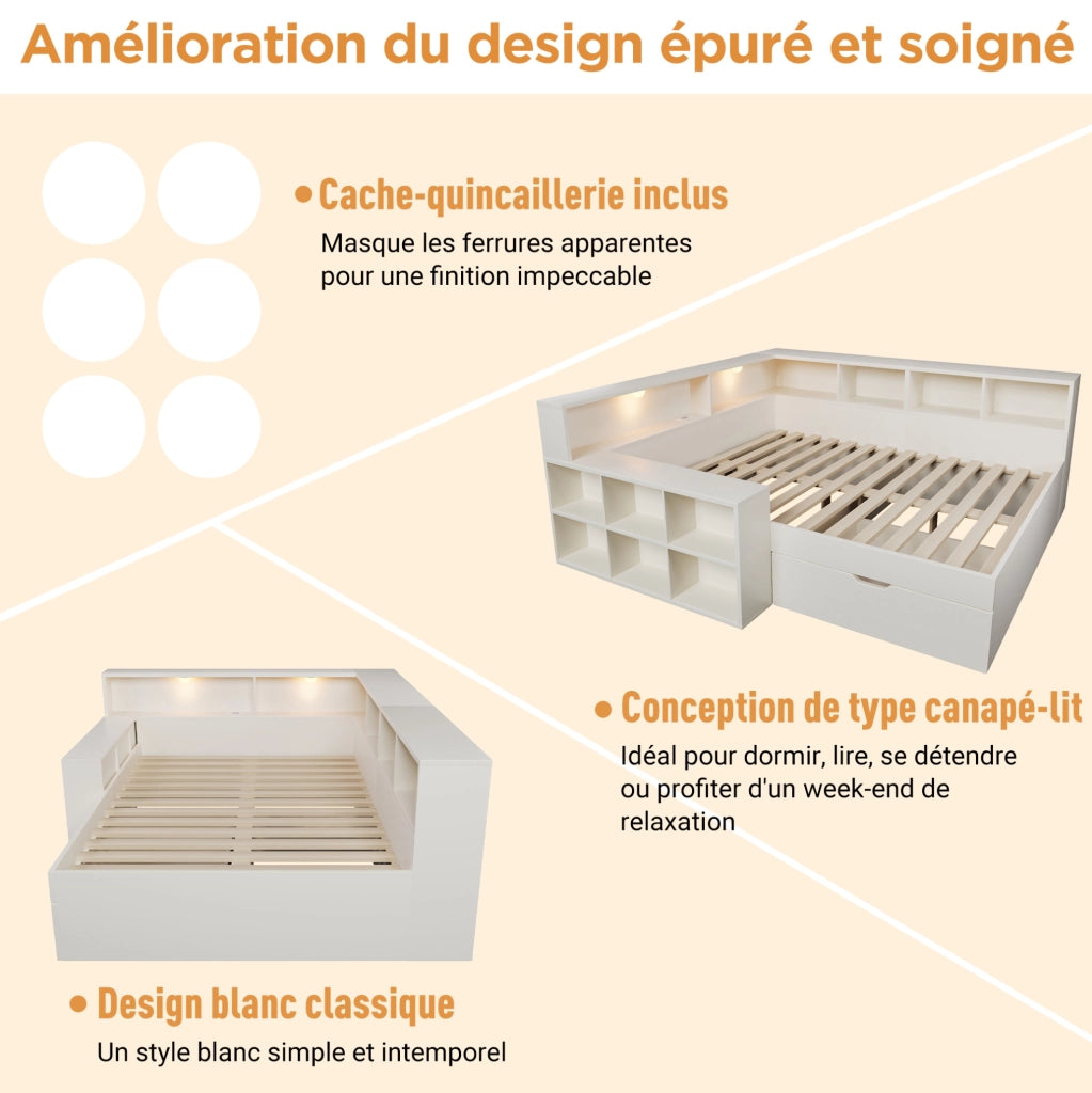 Letto matrimoniale 140x190 cm con cassetti; USB e luci integrate; in truciolare; MDF e compensato; bianco