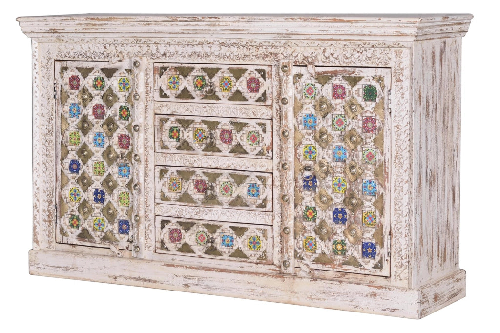 Credenza in legno di mango con dettagli in ceramica e bronzo