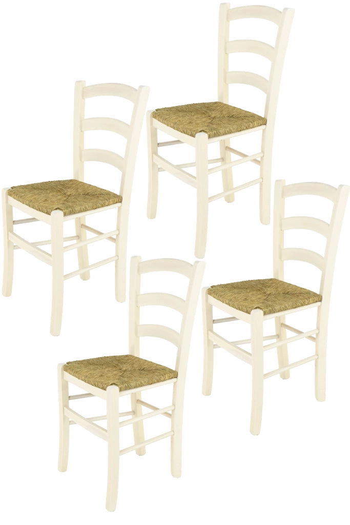 Set 4 Sedie Venice Tommychairs, robusta struttura in legno di faggio verniciata in anilina bianca e seduta in paglia