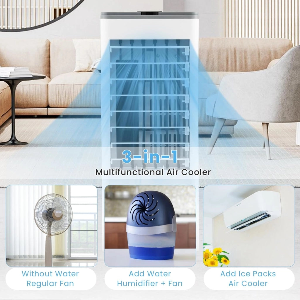 Ventilatore Condizionatore, 3 in 1 Ventilatore & Umidificatore & Raffrescatore, 3 Velocità, 2 Serbatoi d'Acqua, Timer 12H, Telecomando, per Salone, Camera da Letto, Ufficio (Grigio)