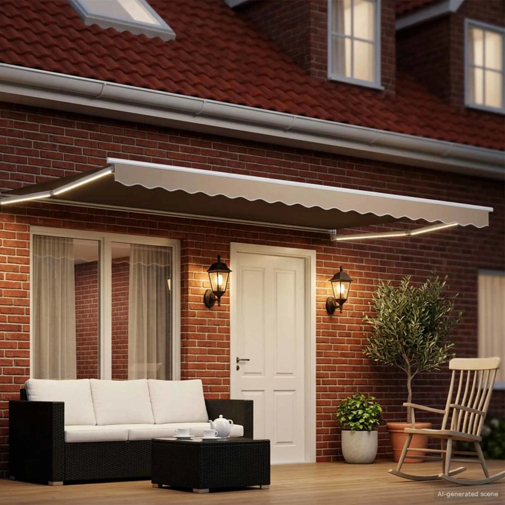 Tenda retrattile manuale con LED-Tenda parasole per balcone Beige e Bianco 4 ¡Á 3 m
