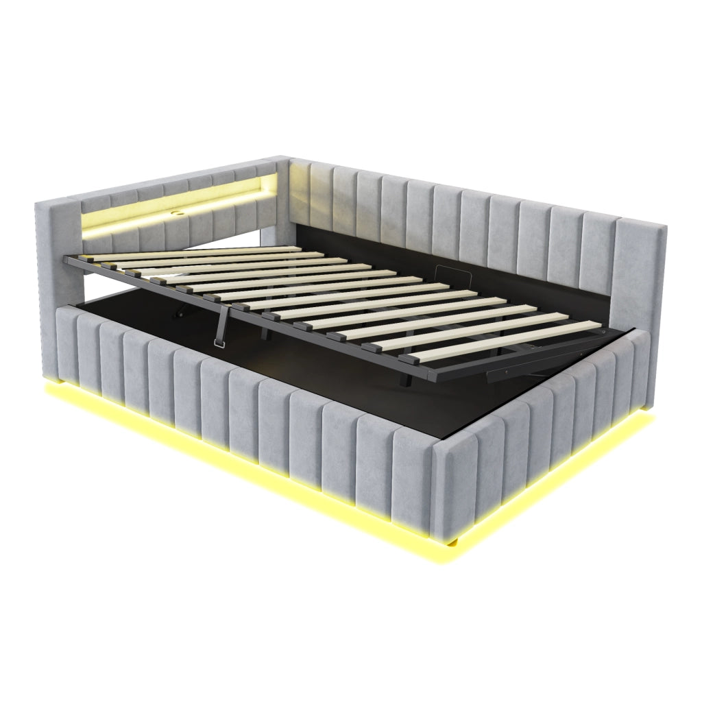 Letto imbottito 140x200 cm con contenitore idraulico, LED, USB, testiera e schienale in velluto grigio