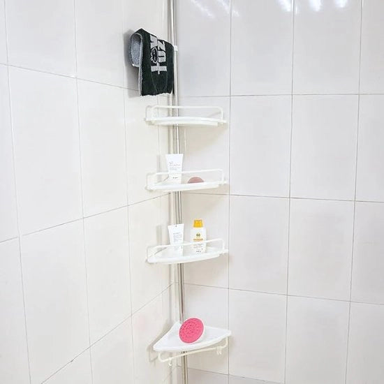 Hoekrek per angolo per la stanza da bagno, hoekrek in alluminio, 4 piedistalli, carico di 20 kg, regolabile, cassetto di stoccaggio per la stanza da bagno