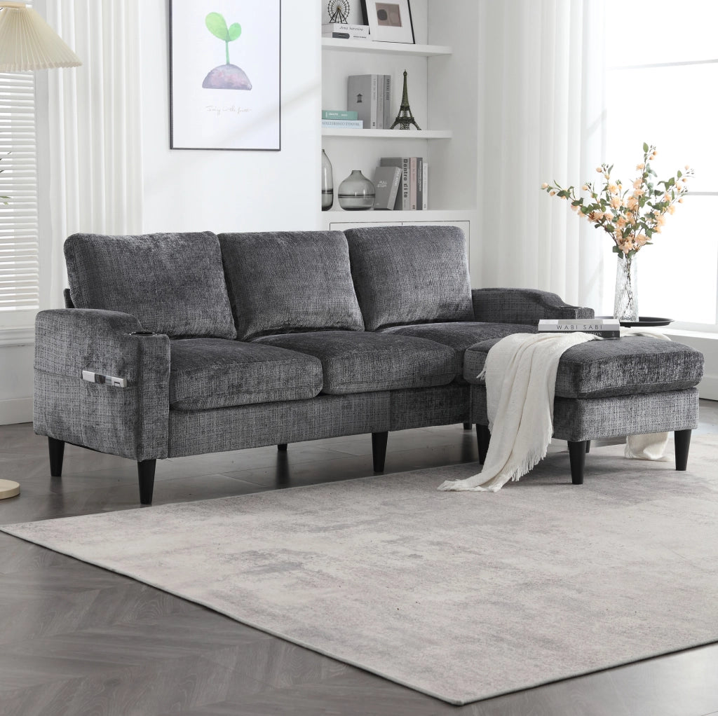 Divano 4 posti 196.5x75x77 cm con pouf contenitore; braccioli con porta bicchieri; chenille grigio