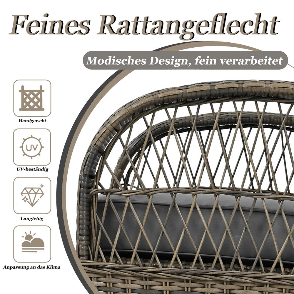 Set balcone 3 pezzi in rattan ¨C Minimal ¨C cuscini grigi, capacit¨¤ di carico 160 kg